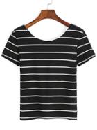 Romwe Black White Short Sleeve Striped Crop T-shirt