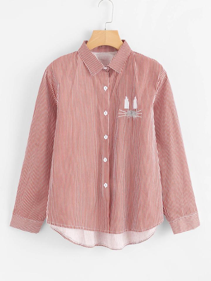 Romwe Animal Embroidered Dip Hem Striped Shirt