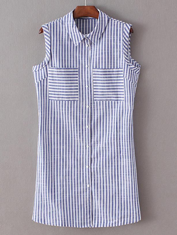 Romwe Multicolor Lapel Sleeveless Bottons Front Stripe Pockets Dress