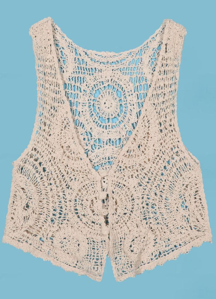Romwe Crochet Lace Crop Button Apricot Tank Top