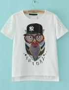 Romwe Dip Hem Owl Print Hollow T-shirt