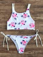 Romwe White Floral Print Side Tie Bikini Set