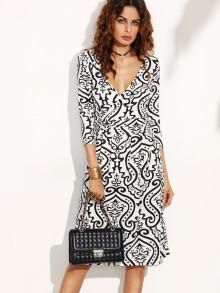Romwe Double V Neck Vintage Print Wrap Dress