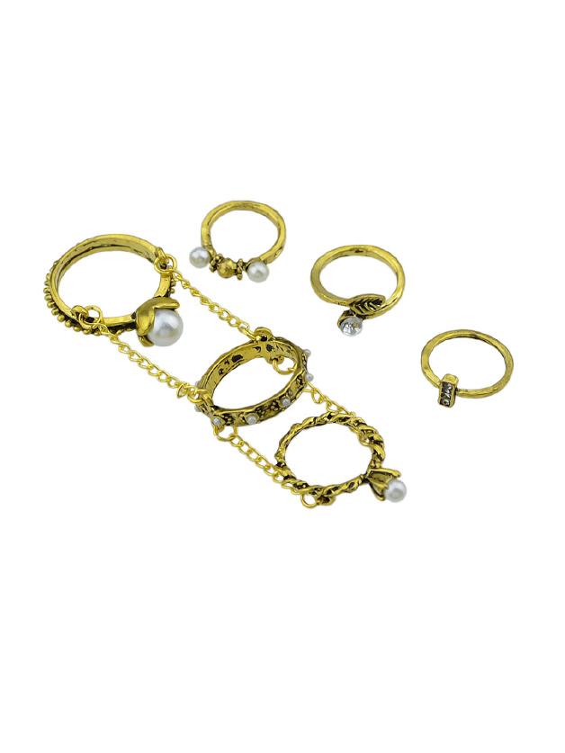 Romwe At-gold 6pcs/set Boho Chic Vintage Style Circle Chain Knuckle Ring Set