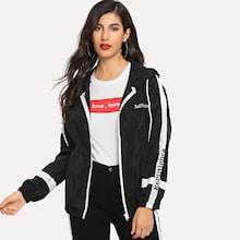 Romwe Embroidered Letter Drawstring Jacket