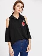 Romwe Embroidered Flower Applique Open Shoulder Curved Blouse