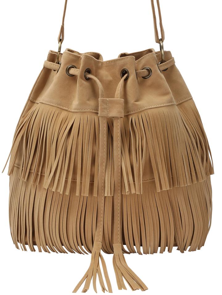 Romwe Khaki Fringe Eyelet Bag With Drawstring