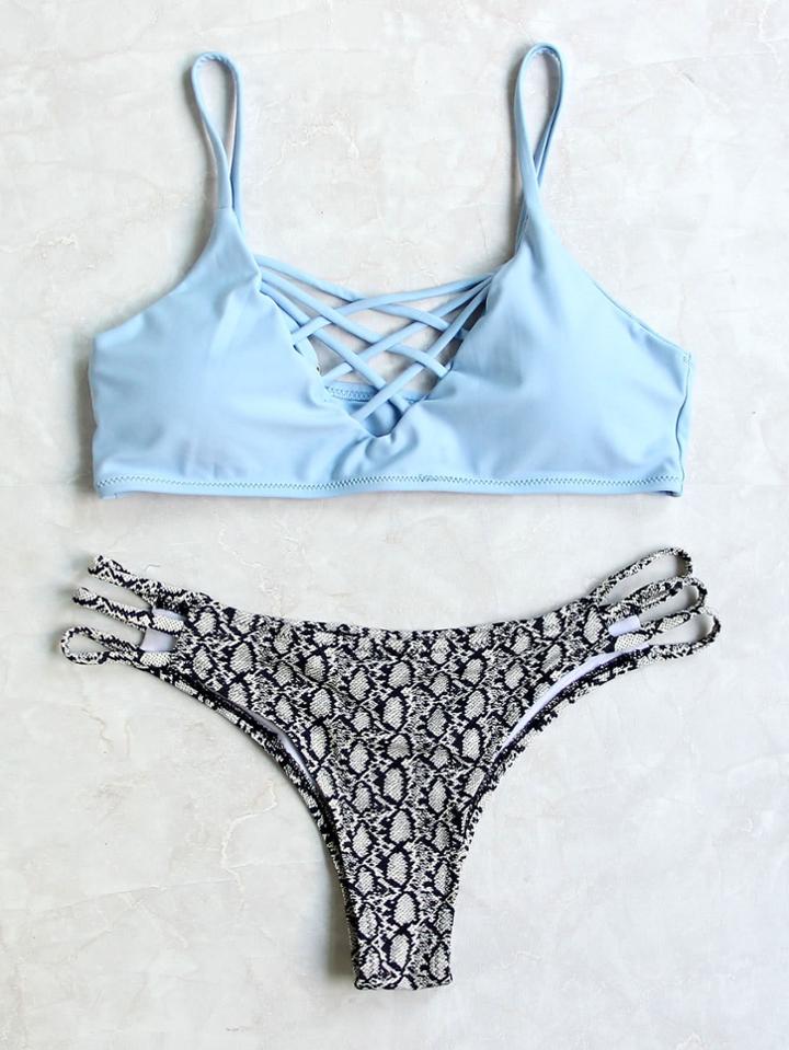 Romwe Contrast Print Lattice Front Bikini Set