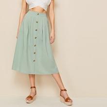 Romwe Dual Pockets Button Through Skirt