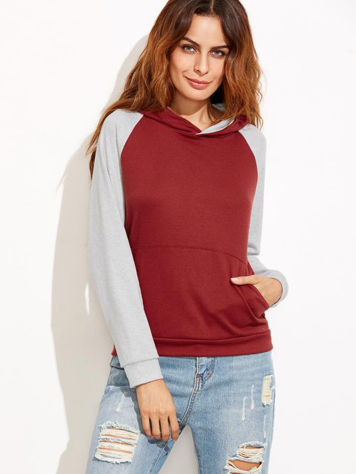 Romwe Burgundy Contrast Raglan Sleeve Hooded Sweatshirt