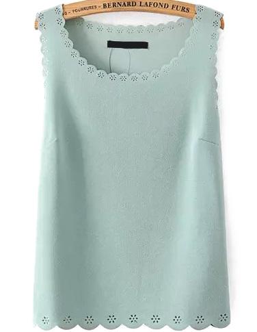 Romwe Round Neck Scalloped Hollow Green Tank Top