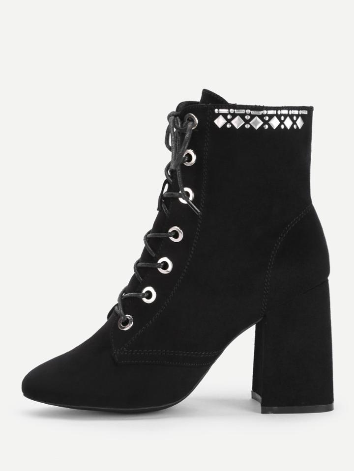 Romwe Eyelet Lace Up Block Heeled Ankle Boots