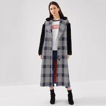 Romwe Contrast Faux Fur Embellished Plaid Longline Coat
