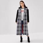 Romwe Contrast Faux Fur Embellished Plaid Longline Coat