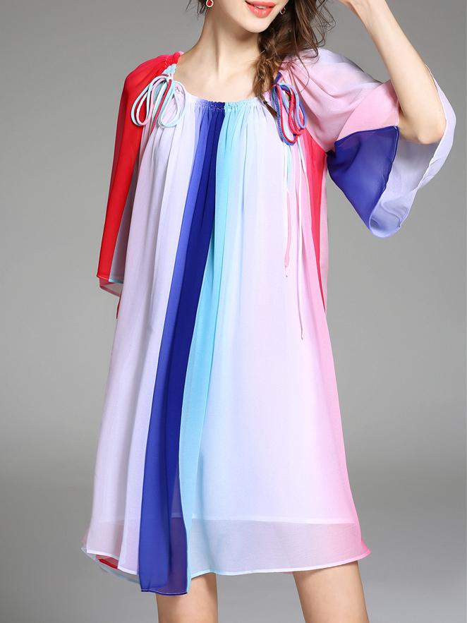 Romwe Multicolor Tie Neck Bell Sleeve Shift Dress