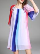 Romwe Multicolor Tie Neck Bell Sleeve Shift Dress