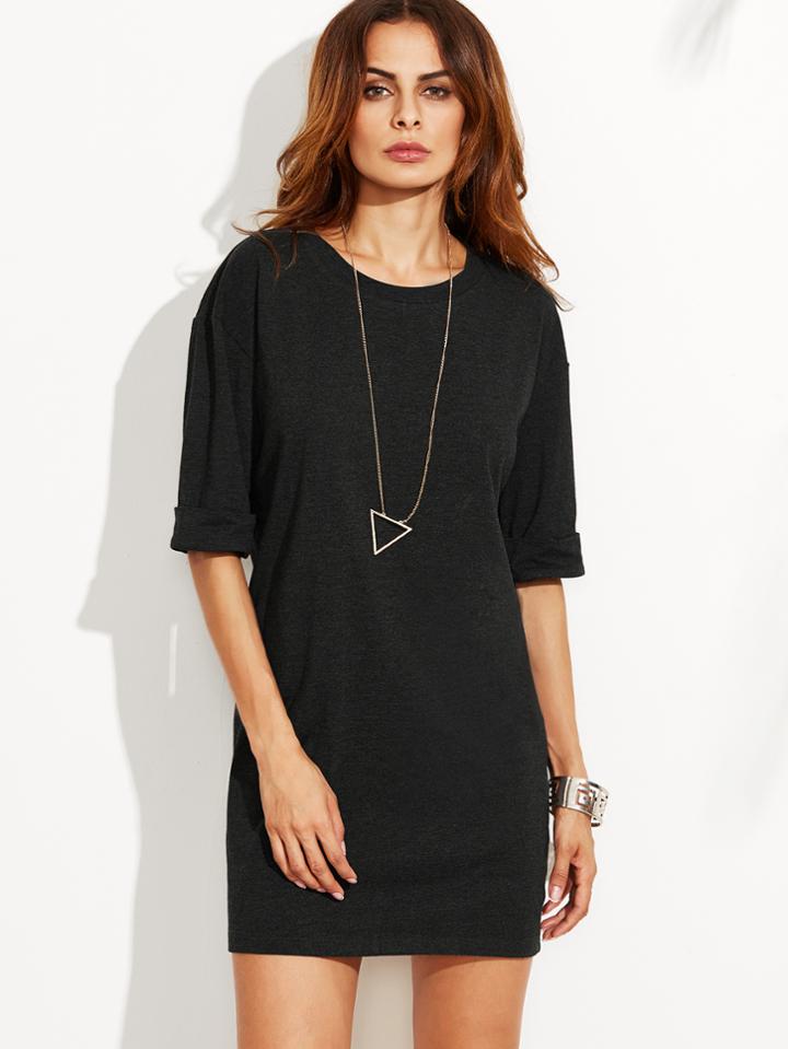 Romwe Drop Shoulder Roll Sleeve Tee Dress