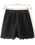 Romwe Black Elastic Waist Floral Crochet Lace Shorts