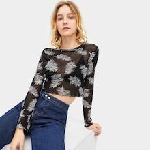 Romwe Feather Print Sheer Crop Tee