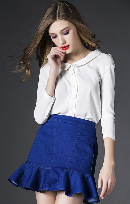 Romwe Lapel Buttons Top With Denim Peplum Hem Skirt