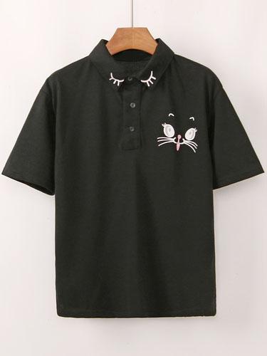 Romwe Cat Print Polo T-shirt - Black