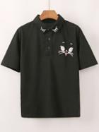 Romwe Cat Print Polo T-shirt - Black