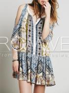 Romwe Multicolor V Neck Cold Shoulder Vintage Print Dress