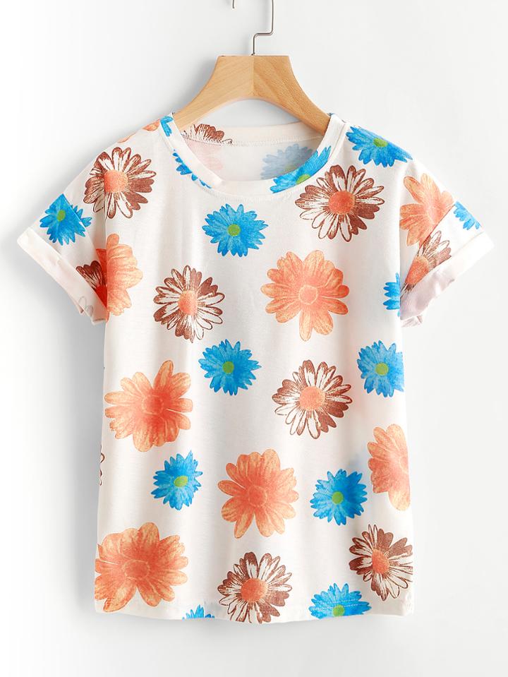 Romwe Floral Print Cuffed Tee