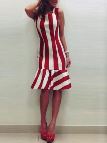 Romwe Vertical Striped Ruffle Hem Knee Length Dress