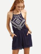 Romwe Navy Embroidered Lace Up Crochet Split Romper