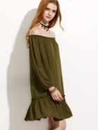 Romwe Olive Green Off The Shoulder Ruffle Hem Dress