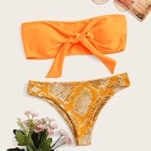 Romwe Neon Orange Bandeau With Snake Print Bikini Set