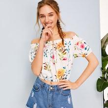 Romwe Floral Print Tie Neck Off Shoulder Blouse
