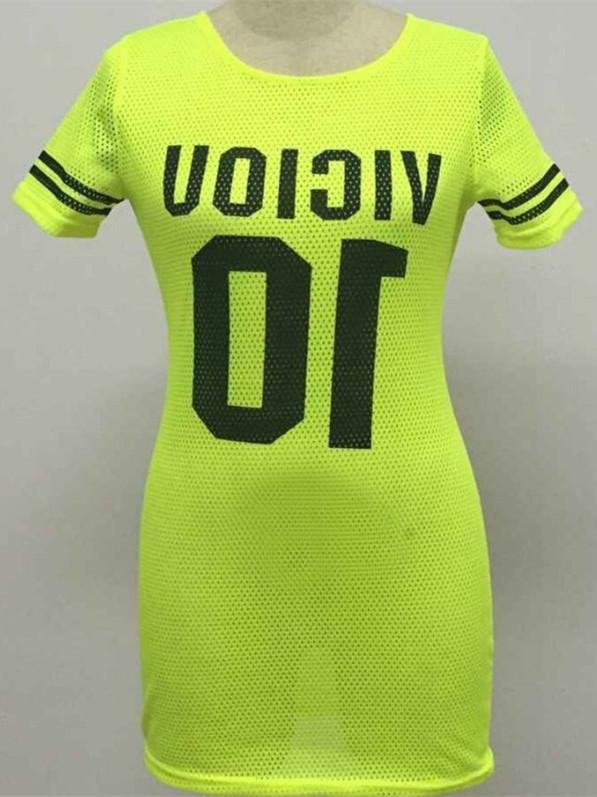 Romwe Neon Green Short Sleeve Letters Print Grid T-shirt