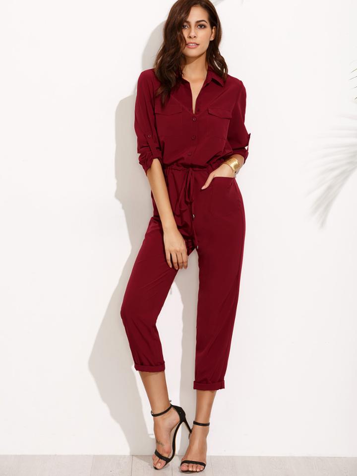 Romwe Tie Waist Pocket Rolled Sleeve Jumpsuit