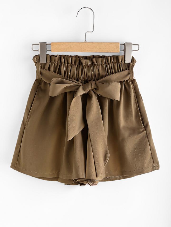 Romwe Shirred Waist Self Tie Shorts