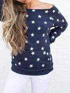 Romwe Navy Star Print Pullover Sweatshirt With Pocket