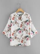 Romwe Fluted Sleeve Floral Print Blouse