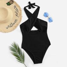 Romwe Criss Cross Low Back Halter One Piece Swim