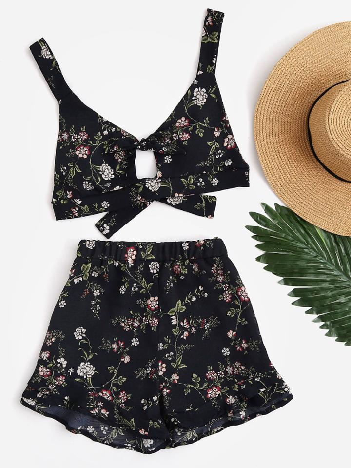 Romwe Random Knot Open Back Crop Cami Top With Frill Shorts