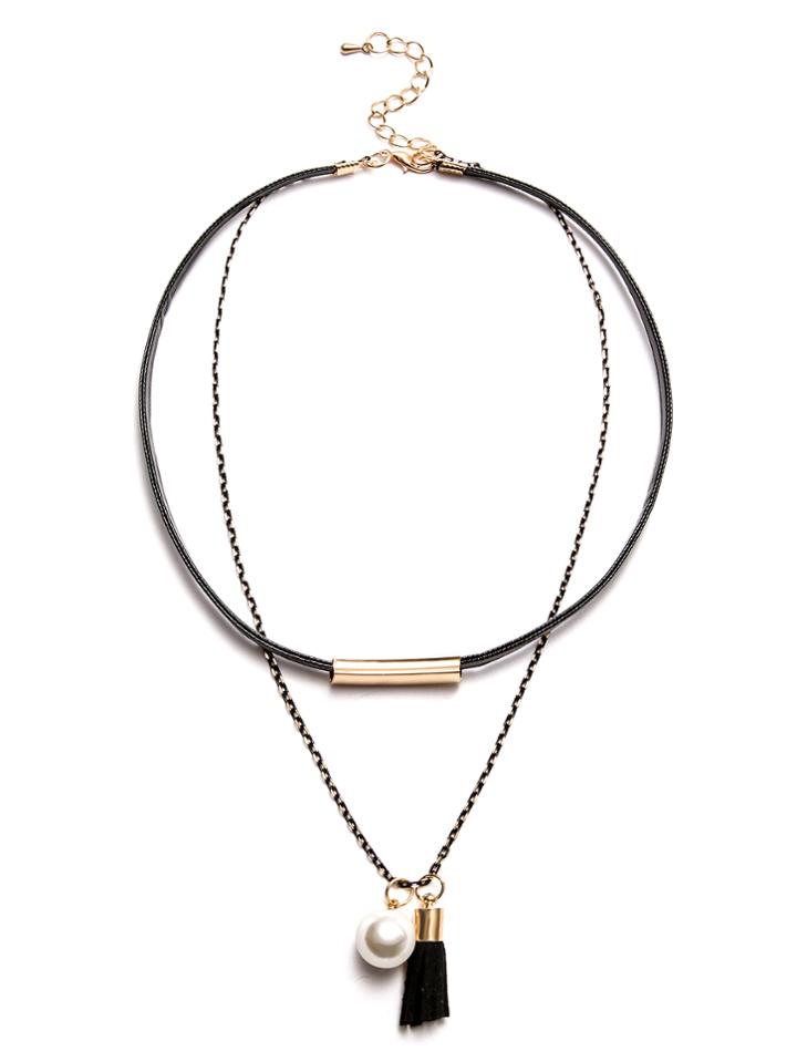 Romwe Black Faux Pearl Tassel Layered Choker Necklace