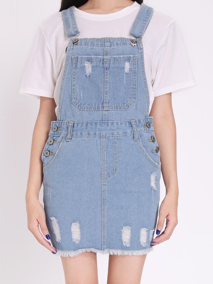 Romwe Strap Ripped Denim Dress