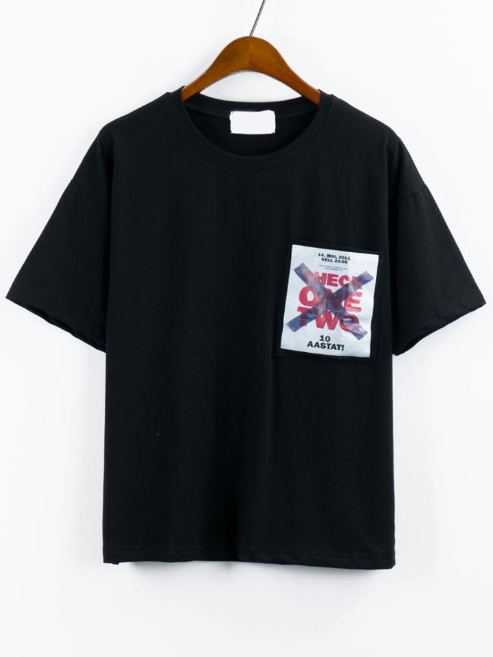 Romwe Printed Pocket T-shirt - Black