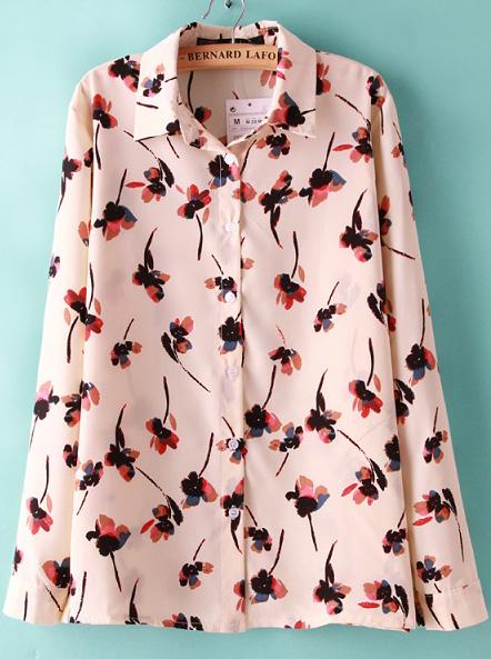 Romwe Pink Lapel Long Sleeve Floral Blouse