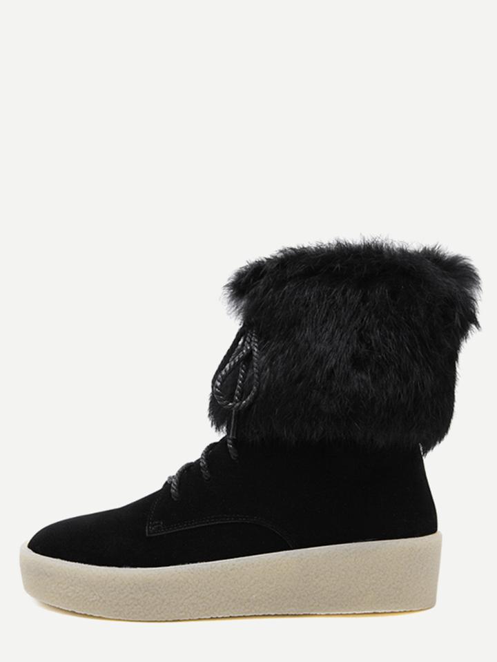 Romwe Black Lace Up Faux Fur Cuff Ankle Boots