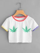 Romwe Maple Leaf Print Ringer Crop Tee