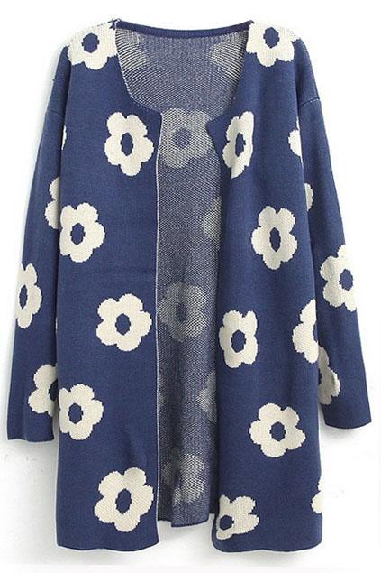 Romwe Sunflower Knitted Buttonless Long Sleeves Blue Cardigan