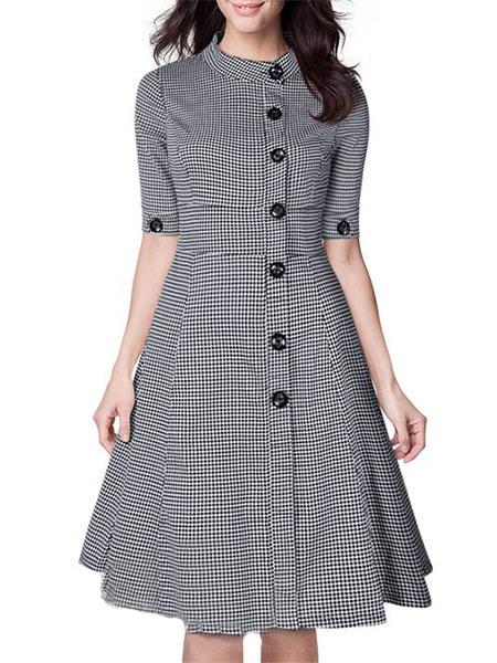 Romwe Elbow Sleeve Plaid Buttons Shirt Dress