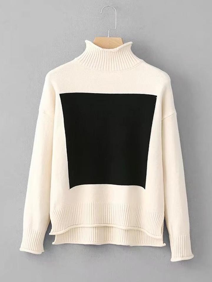 Romwe Rolled Trim Geometric Pattern Sweater