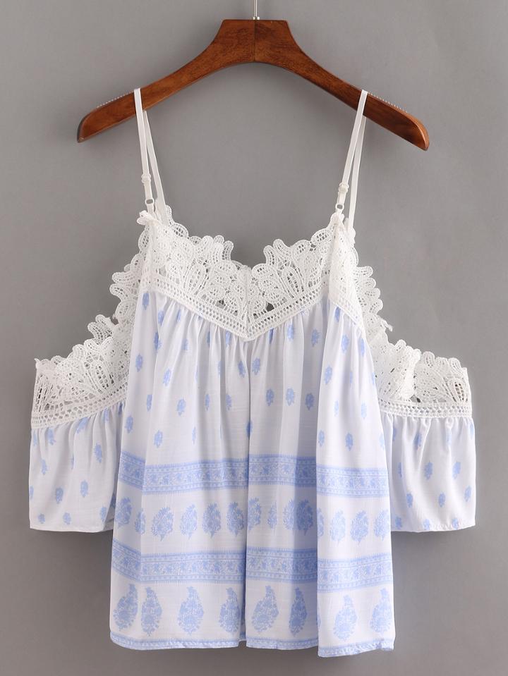 Romwe Lace Trimmed Cold Shoulder Printed Top - Light Blue